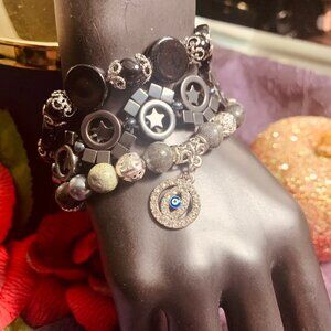 Evil Eye Charm, Hematite, Black Agate & Green/Black/Gray Jasper Bracelet Set